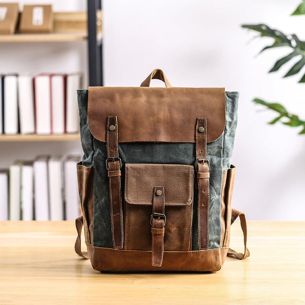 Lake Green Waxed Canvas Mens Large 15'' Laptop Backpack College Backpack Hiking Backpack for Men - imessengerbags