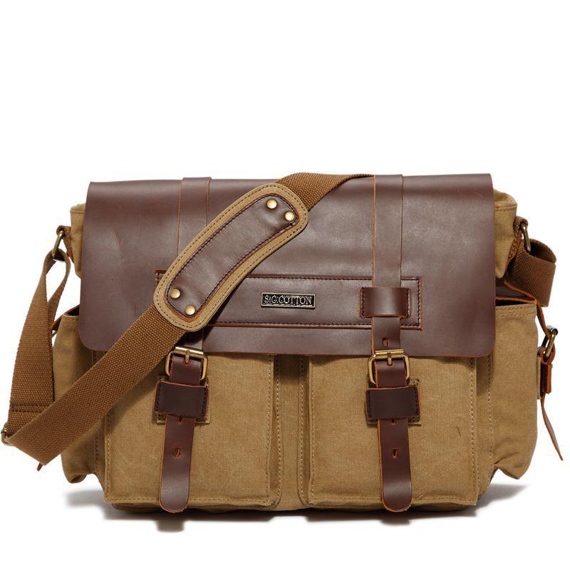 Canvas Leather Mens Vintage Khaki Travel Side Bag Green Messenger Bag Brown Courier Bag for Men - imessengerbags