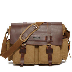 Canvas Leather Mens Vintage Khaki Travel Side Bag Green Messenger Bag Brown Courier Bag for Men - imessengerbags