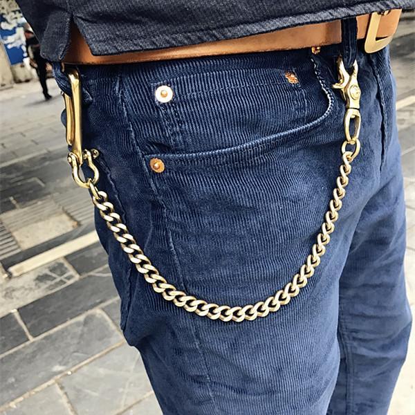 Jeans Trousers pants chain for Rock men Genuine Leather & Gold color Chains  Jewelry Male Belts