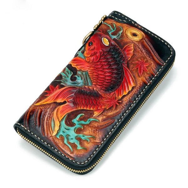 Handmade Leather Carp Mens Chain Zipper Biker Wallet Cool Leather Wallet Long Phone Wallets for Men - imessengerbags