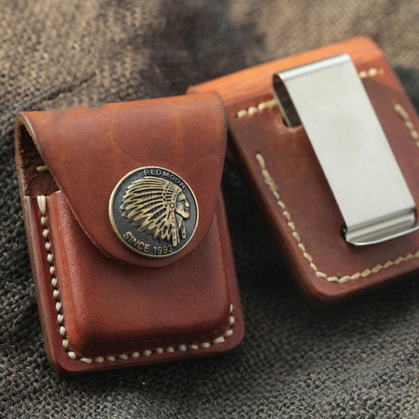 Handmade Indian Brown Leather Mens Classic Zippo Lighter Case With Belt Clip Lighter Holders For Men