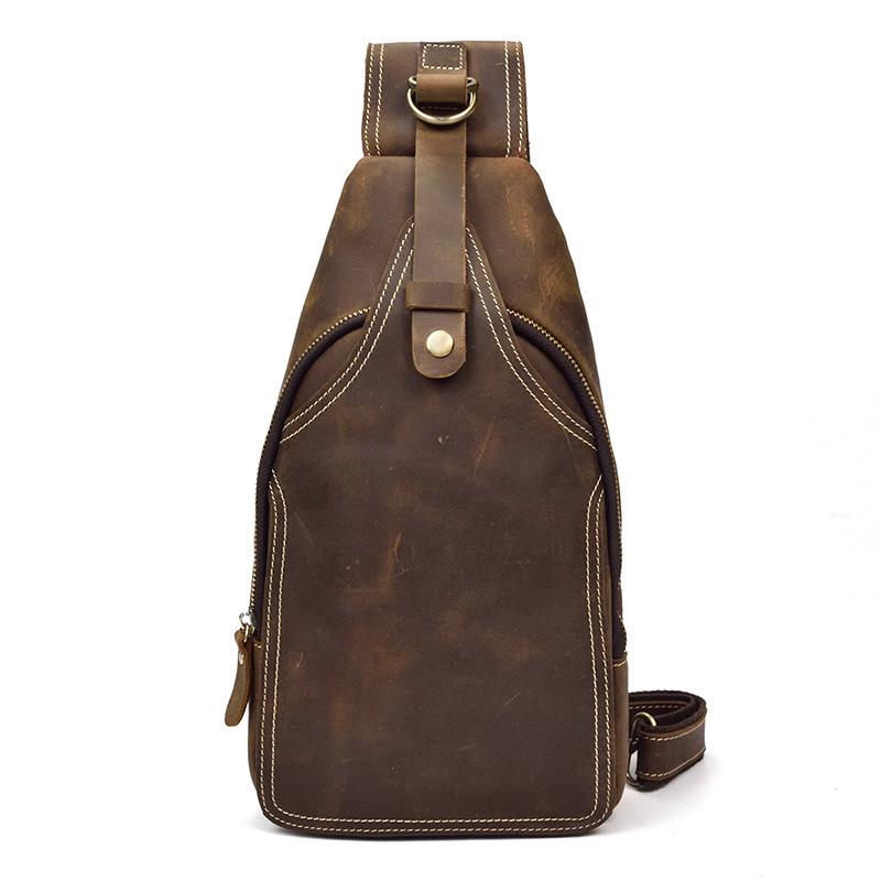 Vintage Mens Leather One Shoulder Backpack Chest Bag Sling Bag Sling Crossbody Bag For Men