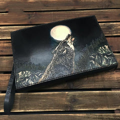 Black Handmade Tooled Leather Wolf Clutch Wallet Wristlet Bag Clutch Purse For Men - imessengerbags