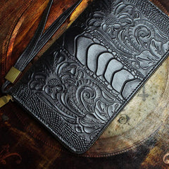 Handmade Leather Mens Tooled Floral Cool Zipper Phone Travel Long Wallet Card Holder Card Slim Clutch Wallets for Men - imessengerbags
