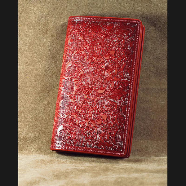Handmade Leather Tooled Trifold Henna Floral Mens Long Wallet Cool Leather Wallet Clutch Wallet for Men - imessengerbags