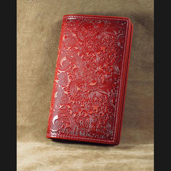 Handmade Leather Tooled Trifold Henna Floral Mens Long Wallet Cool Leather Wallet Clutch Wallet for Men - imessengerbags