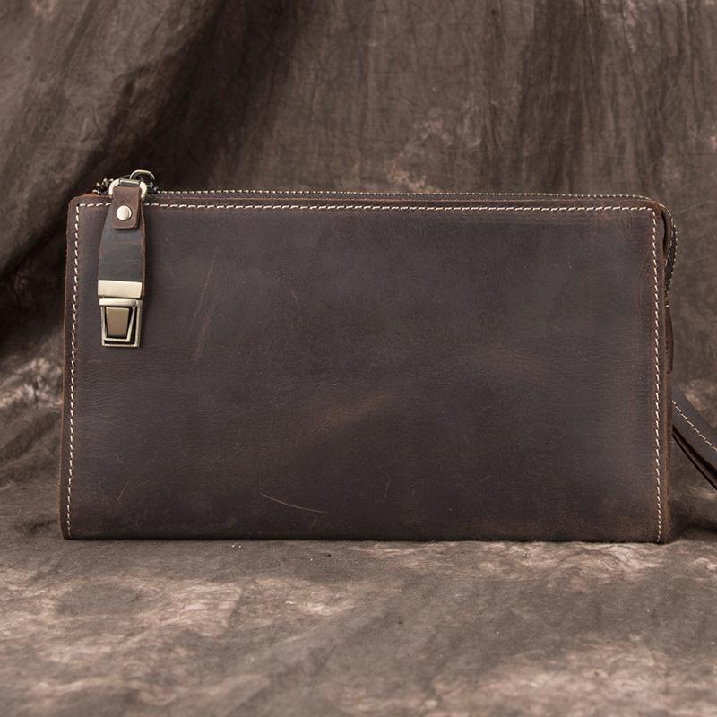 Brown MENS LEATHER Wristlet Wallet SLIM ZIPPER CLUTCH WRISTLET PURSE BAG CLUTCH BAG FOR MEN - imessengerbags