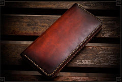 Handmade Leather Mens Cool Long Leather Wallet Zipper Clutch Wallet for Men