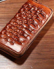 Vintage Braided Leather Mens Long Wallet Zipper Clutch Wallet For Men - imessengerbags