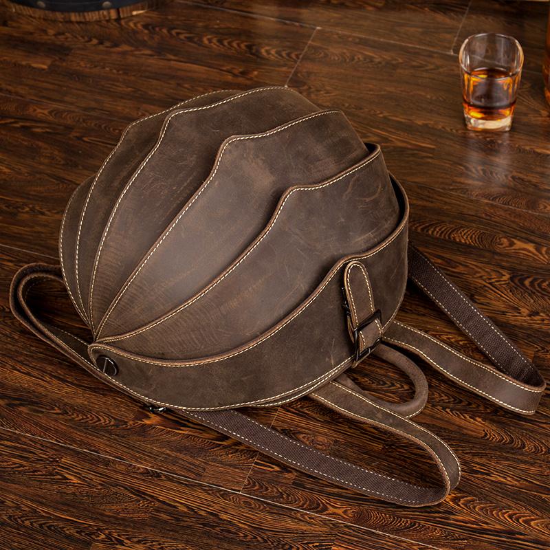 Dark Brown Unique Mens Leather 10-inch Small Backpacks Cool Beetle Backpacks Round Backpack for men - imessengerbags