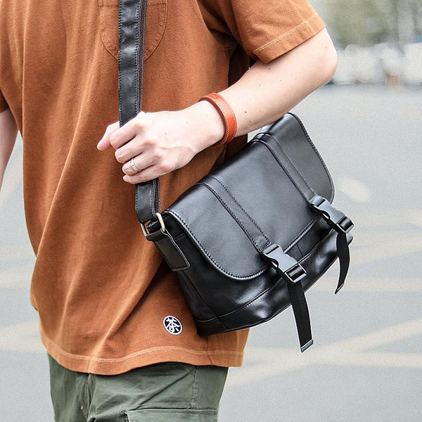 Black Leather Mens Casual Side Bag Courier Bag Black Messenger Bags Black Postman Bag For Men - imessengerbags