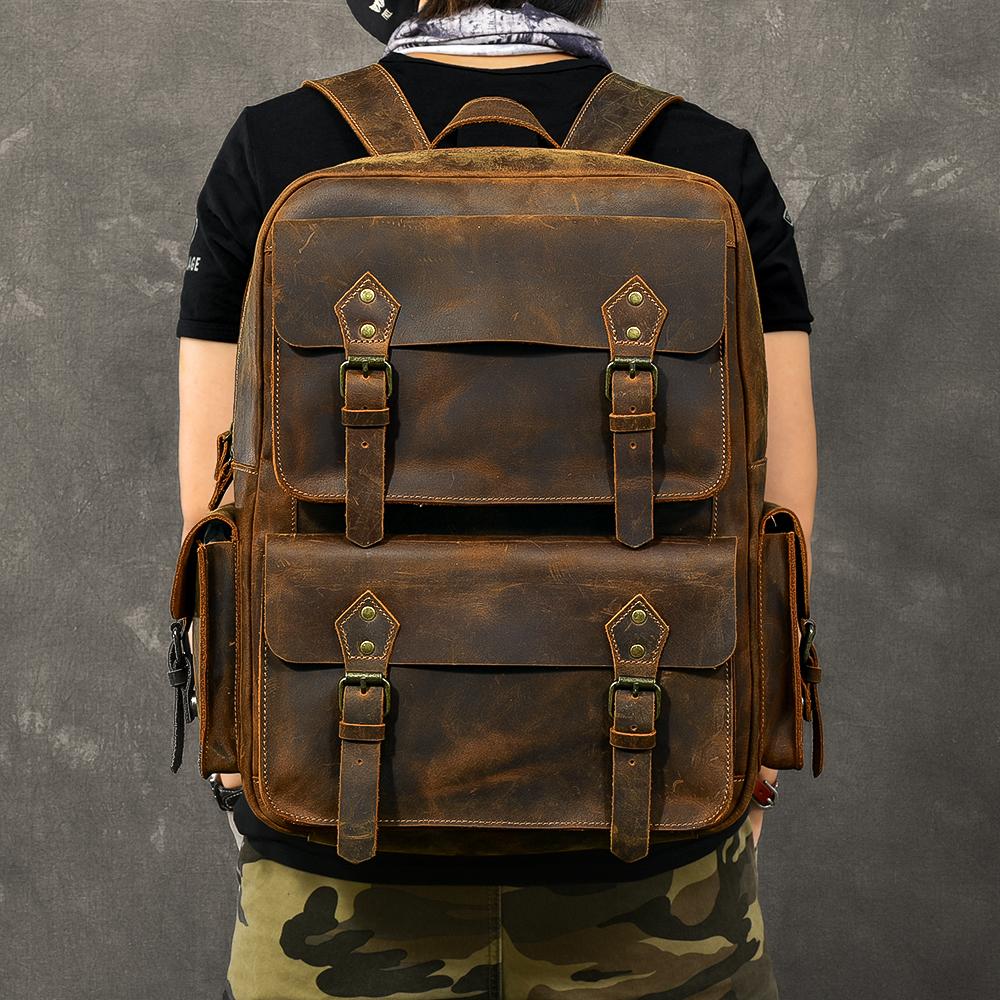 Cool Leather Mens 15" Brown Hiking Backpack Travel Backpack Laptop College Backpack for Men - imessengerbags