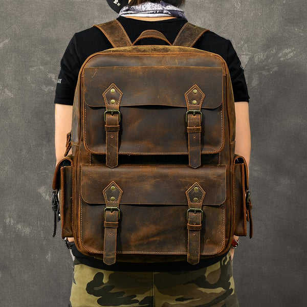 Cool Leather Mens 15" Brown Hiking Backpack Travel Backpack Laptop College Backpack for Men - imessengerbags