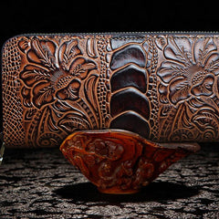 Handmade Leather Floral Mens Cool Zipper Phone Travel Long Wallet Card Holder Card Slim Clutch Wallets for Men - imessengerbags