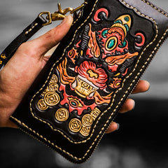 Handmade Leather Mens Tooled Monster Chain Biker Wallet Cool Leather Wallet Long Clutch Wallets for Men - imessengerbags