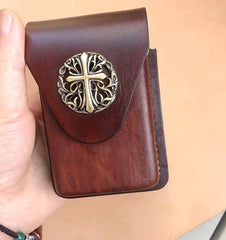 Cool Brown Leather Mens Cigarette Case Cigarette Holder Lighter Case Pouch with Belt Loop for Men