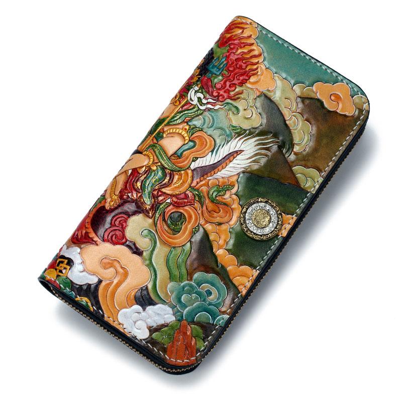 Handmade Leather Tooled White Jambhala Mens Long Wallet Cool Leather Clutch Wallets for Men