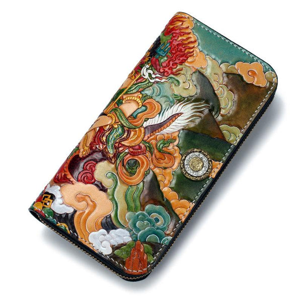 Handmade Leather Tooled White Jambhala Mens Long Wallet Cool Leather Clutch Wallets for Men - imessengerbags