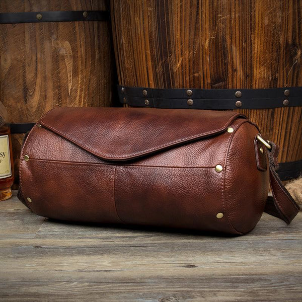 Cool Brown Leather Mens Bucket Courier Bag Side Bag Brown Postman Bag Messenger Bag For Men