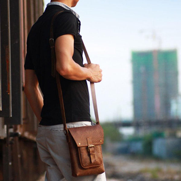 Handmade Vintage Leather Mens Small Messenger Bag Coffee Cell Phone Shoulder Bag for Men - imessengerbags