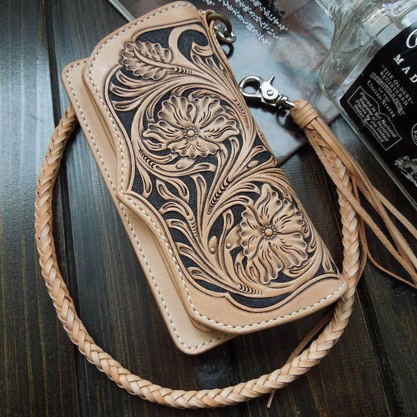 Handmade Leather Biker Wallet Tooled Floral Mens Cool Chain Wallet Trucker Wallet with Chain - imessengerbags