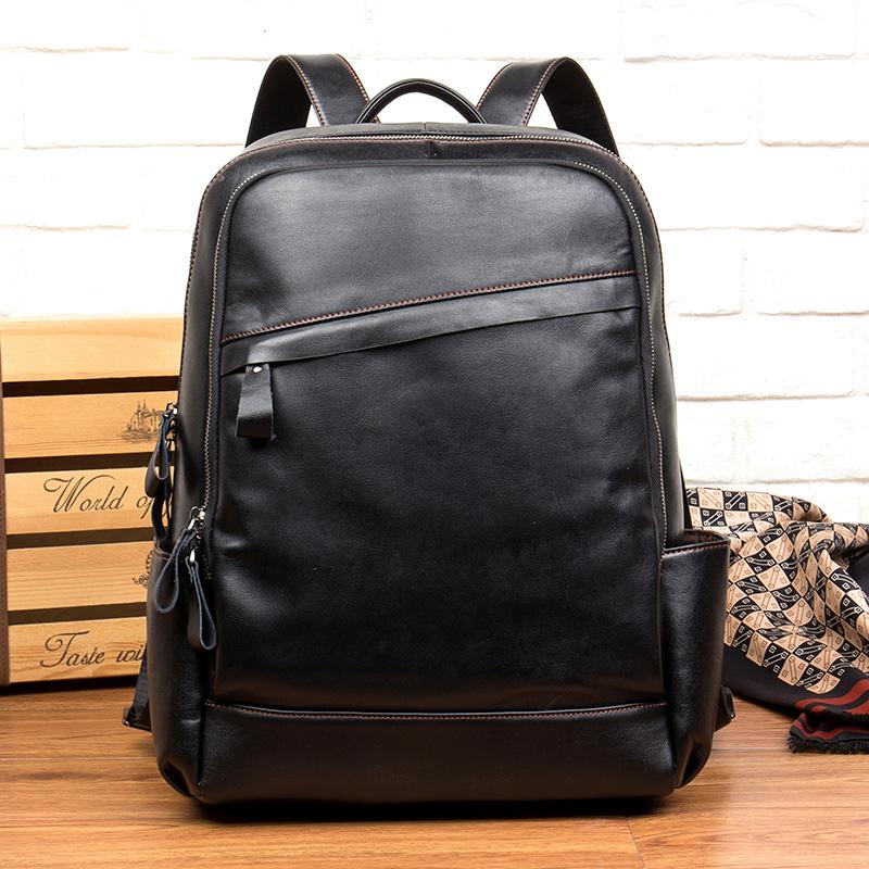 Cool Black Mens Leather 14-inch Computer Backpacks Travel Backpack School Backpacks for men - imessengerbags