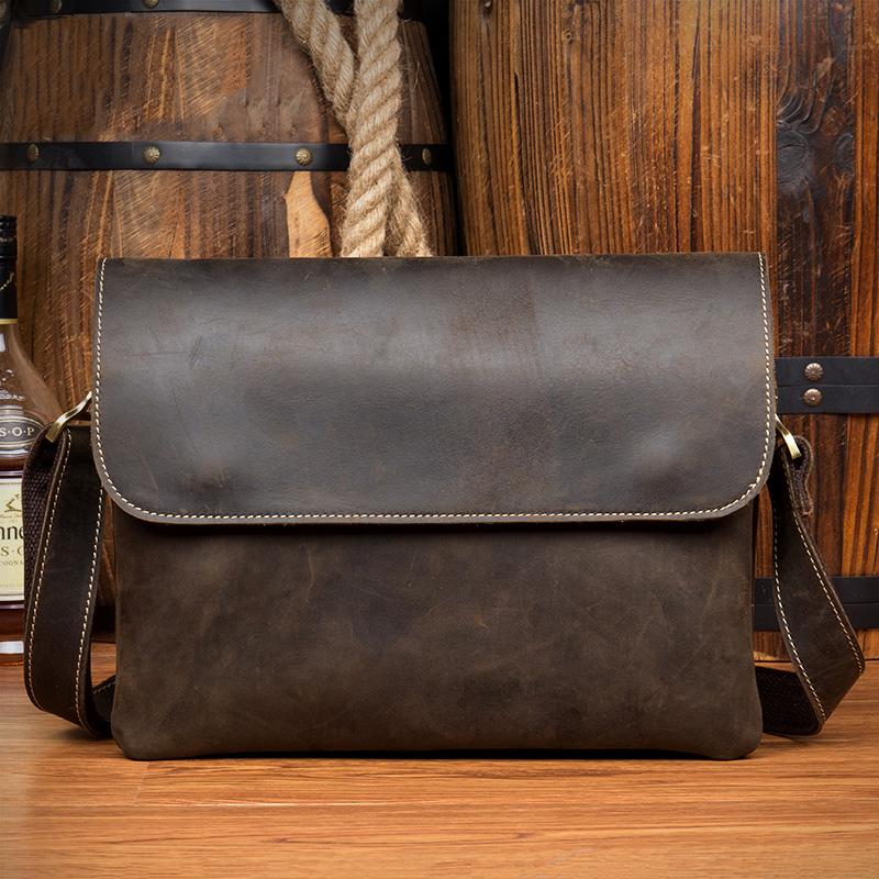 Black Leather 10 inches Mens Casual Messenger Bag Shoulder Bags for Men - imessengerbags