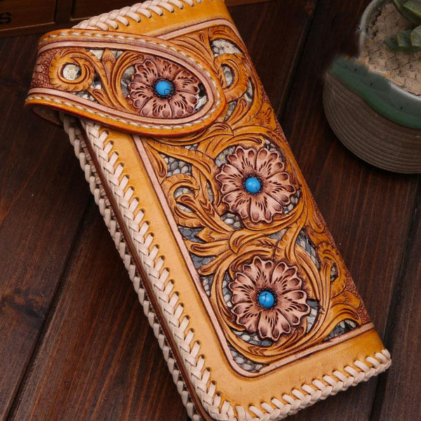 Handmade Mens Cool Tooled Floral Leather Chain Wallet Biker Trucker Wallet with Chain - imessengerbags
