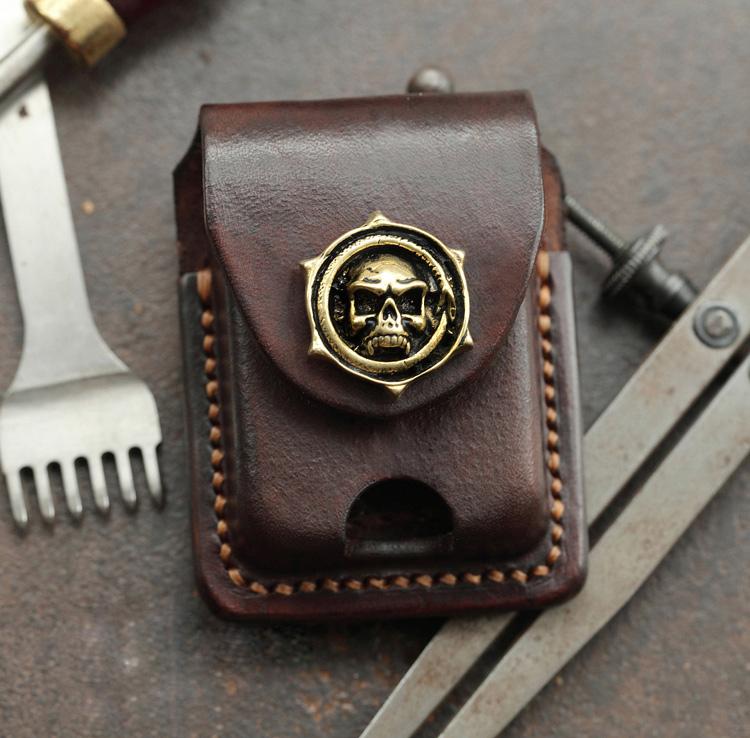 Cool Skull Brown Leather Mens Holster Zippo Lighter Cases Standard Zippo Lighter Holder Belt Clip For Men - imessengerbags