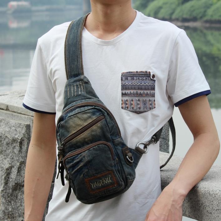 Fashion Denim Blue Mens Sling Bag Chest Bags Blue Denim One Shoulder Backpacks Sling Pack For Men - imessengerbags