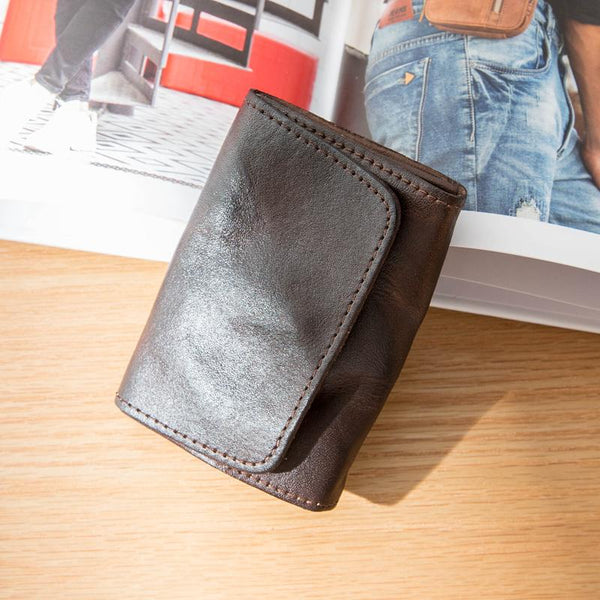 Dark Brown Cool Leather Mens Card Wallets Bifold Vintage Front Pocket Wallet Coin Holder for Men - imessengerbags