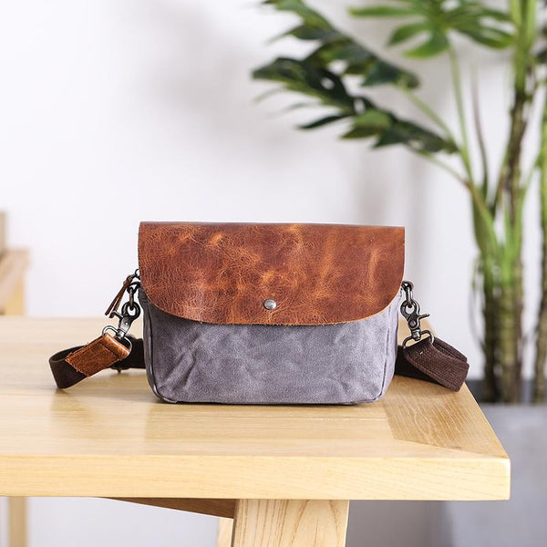 Casual Waxed Canvas Leather Mens MIni Side Bag Gray Courier Bag Messenger Bag for Men