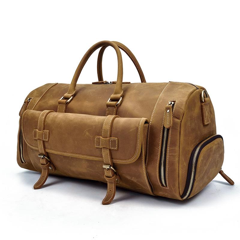 Large Retro Leather Men Barrel Overnight Bags Travel Bags Weekender Bags For Men