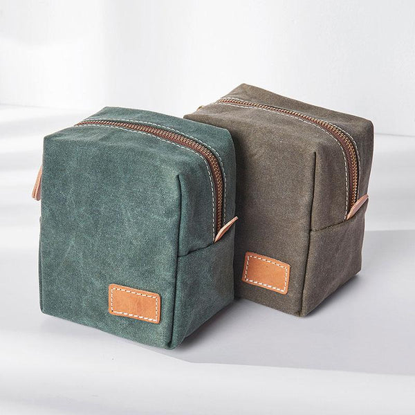 Small Canvas Leather Mens Box Bag Zipper Storage Bag Purse for Men