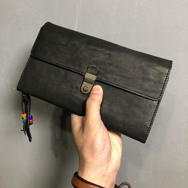 Genuine Leather Mens Clutch Cool Slim Wallet Passport Travel Clutch Wristlet Wallet for Men - imessengerbags