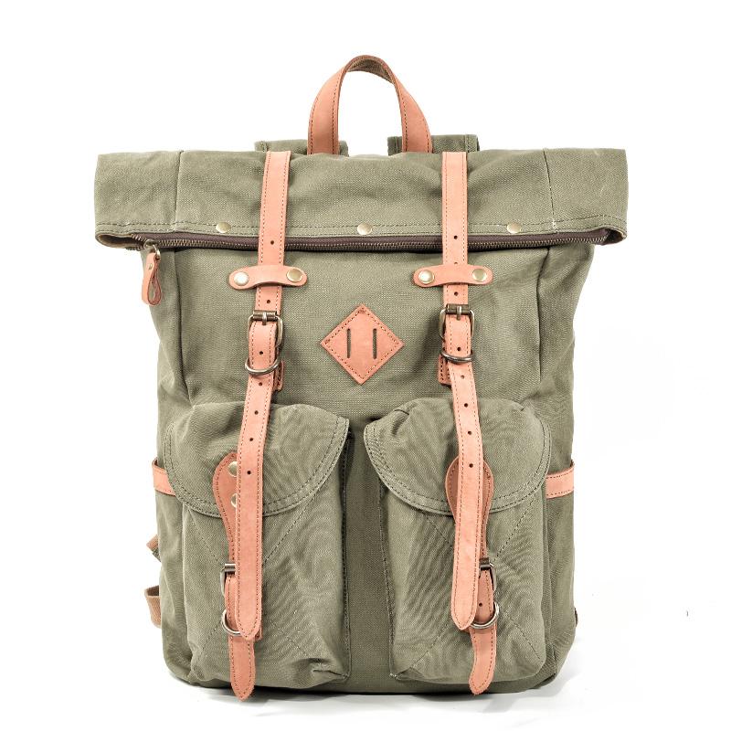 Cool Waxed Canvas Leather Mens Waterproof 16‘’ Large Hiking Backpack Travel Backpack for Men - imessengerbags