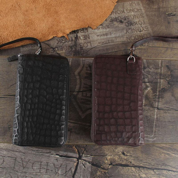 Handmade Genuine Leather Mens Cool Long Leather Wallet Zipper Clutch Wristlet Wallet for Men - imessengerbags