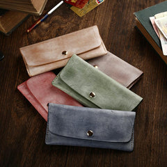 Handmade Mens Leather Blue Envelope Bag Long Wallet Phone Bag Green Clutch for Men - imessengerbags