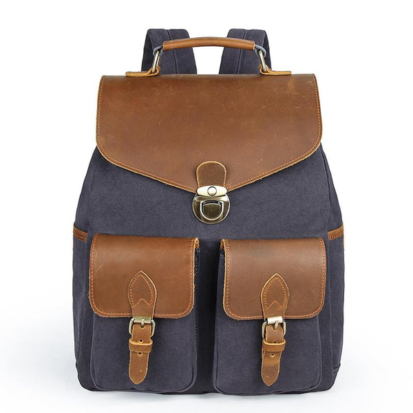 Canvas Leather Mens 14" Black Computer Backpack Green Travel Backpack Khaki College School Backpack for Men - imessengerbags