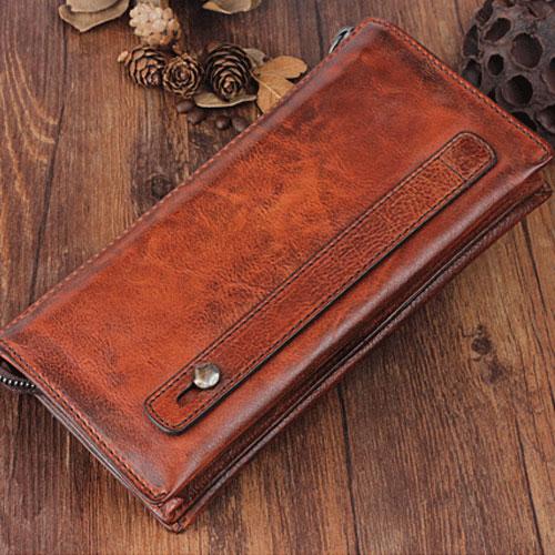 Genuine Leather Mens Cool Long Leather Wallet Zipper Wristlet Clutch Wallet - imessengerbags