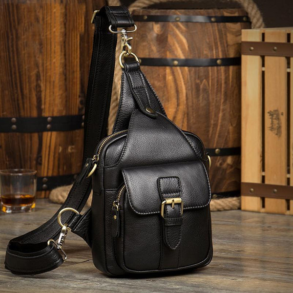 Black Leather Mens Cool Sling Bag Sling Pack Black Crossbody Packs Chest Bags for men - imessengerbags