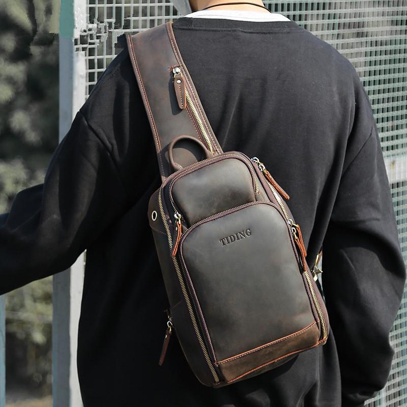 Vintage Brown Leather Men's One Shoulder Backpack Chest Bag Sling Crossbody Pack For Men