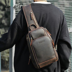 Vintage Brown Leather Men's One Shoulder Backpack Chest Bag Sling Crossbody Pack For Men - imessengerbags