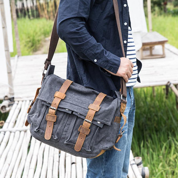 Canvas Mens 14'' Side Bag Courier Bag Gray Postman Bag Messenger Bag for Men