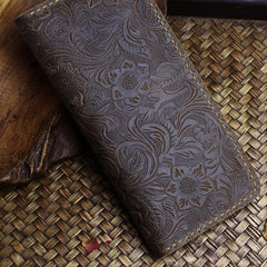 Handmade Leather Floral Mens Cool Travel Long Wallet Card Holder Card Slim Clutch Wallets for Men - imessengerbags