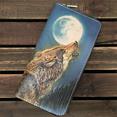 Blue Handmade Tooled Wolf Leather Long Wallet Zipper Wallet Clutch Wallet For Men