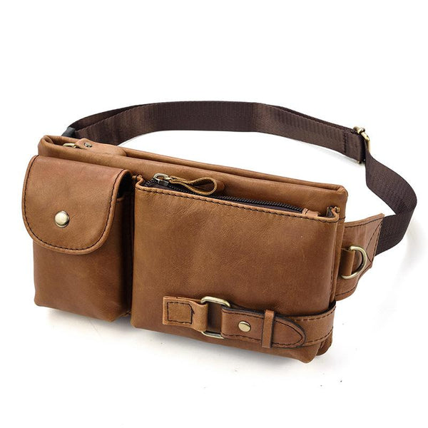 Fashion Brown Leather Men's Fanny Pack Black Hip Pack Waist Bag For Men