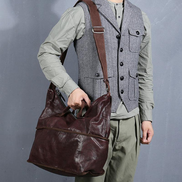 Casual Black Leather Mens 15 inches Tote Side Bag Large Messenger Bag Brown Tote Handbag Courier Bag for Men - imessengerbags