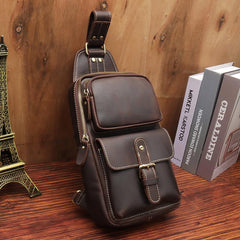 Brown Leather Men's Sling Bags Best Sling Pack Chest Bag One Shoulder Backpack For Men - imessengerbags